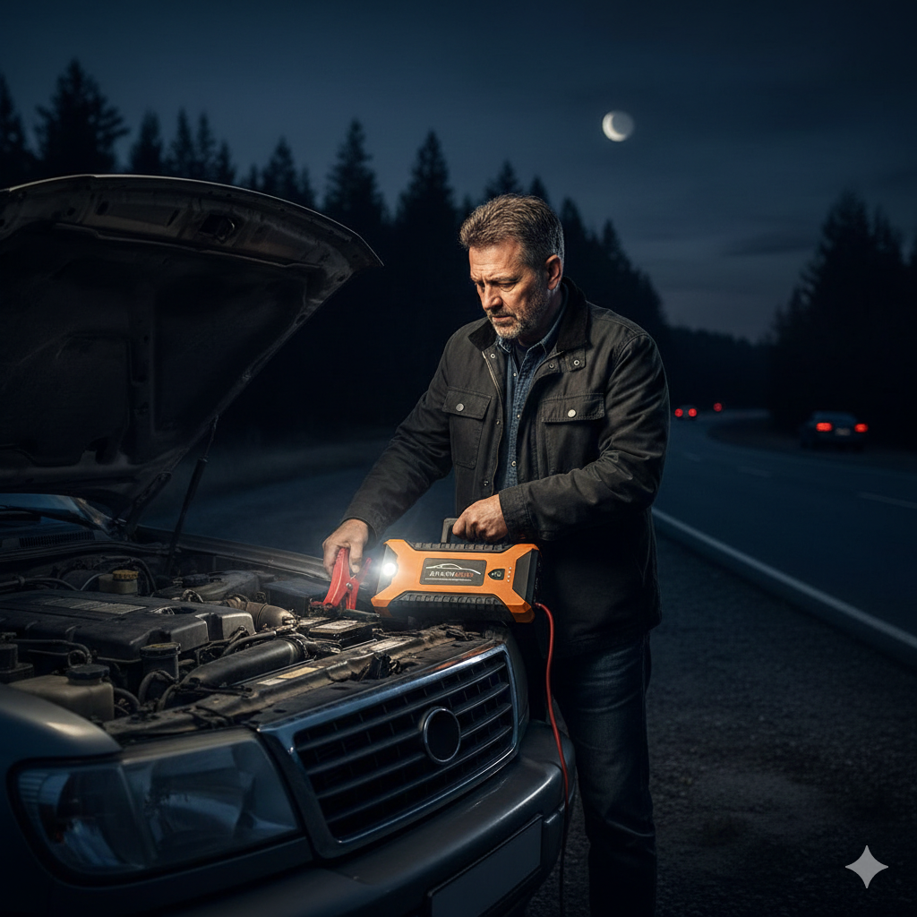 Jumpstarting car in the dark